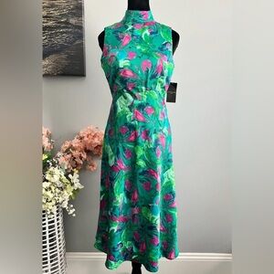 🌸GORGEOUS Satin Tahari ASL Vibrant Green and Pink Midi Dress
